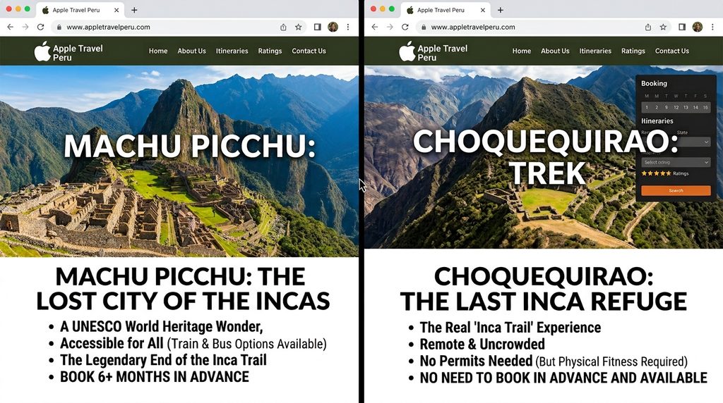 Side-by-side view comparing the remote stone terraces of Choquequirao with the classic Machu Picchu citadel in Peru.